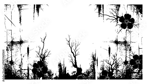 Distressed grunge border with silhouette tree branches and oriental flower ornaments