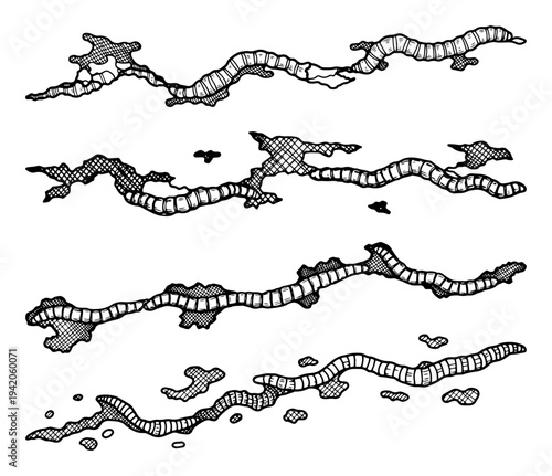 Abstract set of hand drawn wavy cracks or organic textures with hatching details