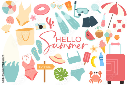 Cute summer vacation vector clipart set with beach accessories and travel elements. Collection includes swimsuit, flip flops, sunglasses, suitcase, beach umbrella, snorkel mask, watermelon, ice cream