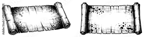 Pair of vintage tattered parchment scrolls with ink stains and weathered edges