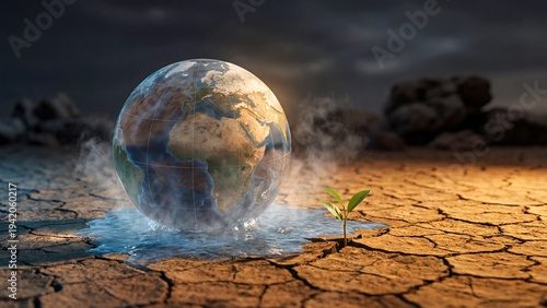 Planet Earth Struggling to Survive on Cracked Desert Ground Symbolizing Climate Change Crisis and Environmental Degradation Urgency