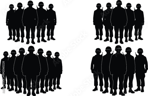 Construction workers team silhouettes wearing safety helmets, professional builders and engineers group standing together, industry workforce vector illustration isolated