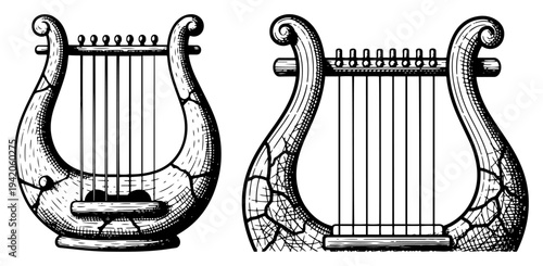 Set of vintage hand drawn greek lyre musical instruments with classical details