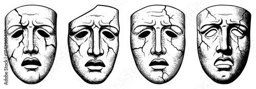 Four cracked theatrical drama masks or ancient stone faces in hand drawn style