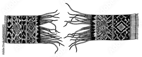 Two pieces of traditional woven fabric with ethnic geometric patterns and tassels in engraving style