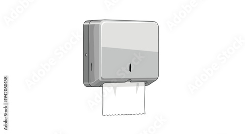 A wall-mounted rectangular light gray paper towel dispenser with a viewing window is depicted with a single white paper towel sheet hanging from its opening.