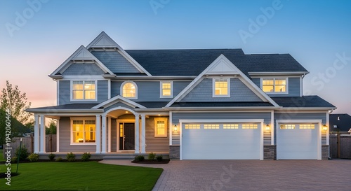 Modern luxury two-story suburban family house at dusk with warm lighting and three-car garage
