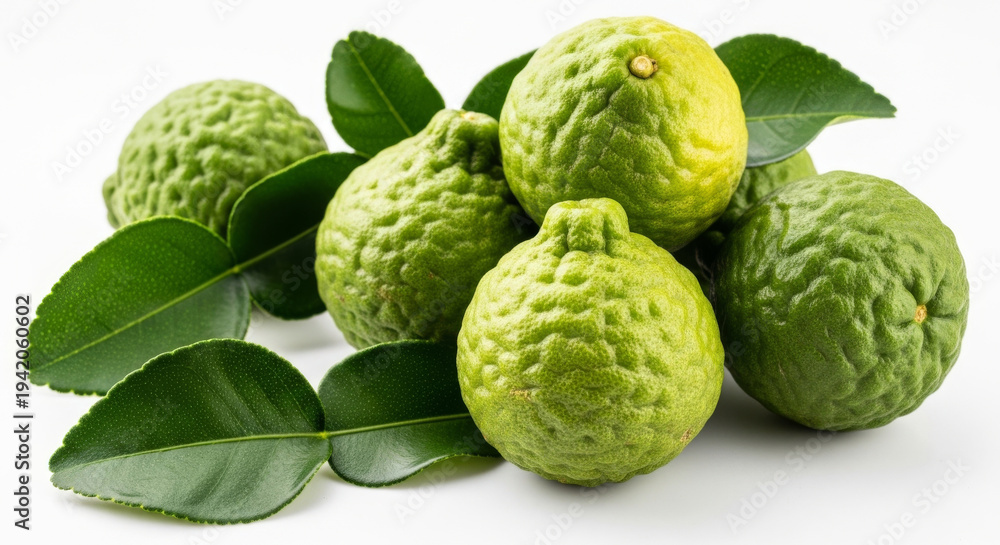 Fototapeta premium Fresh green bergamot fruits surrounded by vibrant green leaves.
