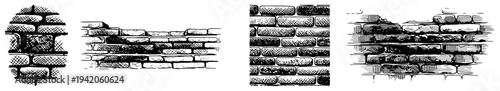 Set of hand drawn brick wall textures and ruins in vintage woodcut style