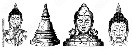 Collection of Buddhist statues and pagoda monuments in detailed engraving style