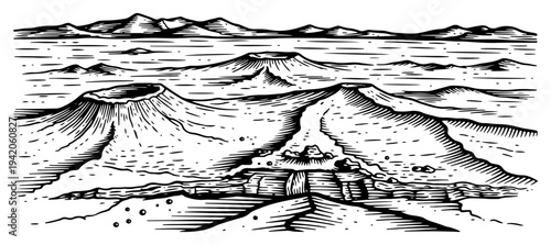 Detailed illustration of a volcanic crater landscape with rocky mountains in the distance