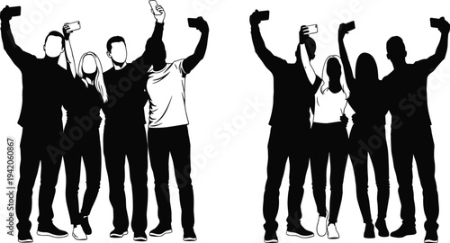 Group of friends taking selfie with smartphone, happy young people posing together for photo, social media lifestyle silhouette vector illustration