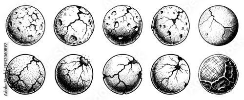 Collection of ten hand drawn cracked spheres and broken planetary objects in engraving style