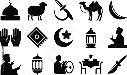 Set of 16 Ramadan icons vector, black silhouettes