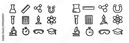Science and education laboratory equipment line icons set featuring microscope flask atom and school supplies on white background