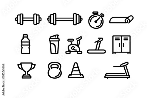 Fitness and gym equipment line icons set including dumbbell barbell kettlebell treadmill exercise bike and water bottle on white background