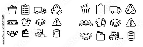 Waste management and industrial recycling line icons set featuring trash bin truck forklift and safety equipment