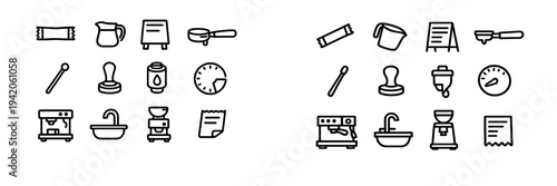 Set of coffee shop and barista equipment icons featuring espresso machine grinder tamper and milk pitcher on white background