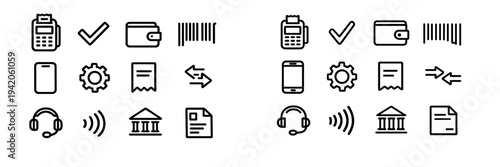 Minimalist black line icons for banking finance and online payment systems including wallet bank terminal and support symbols