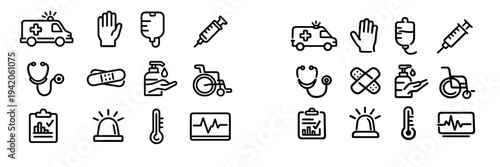 Medical and healthcare icon set featuring ambulance syringe stethoscope wheelchair and first aid equipment in thin and thick line styles