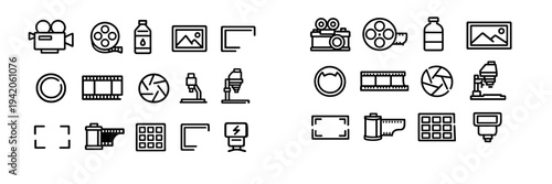 Photography and cinematography equipment line icon set featuring camera film reel aperture and darkroom tools on white background
