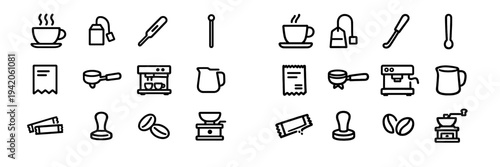 Set of coffee and tea shop line icons featuring espresso machine grinder beans tamper milk pitcher and hot beverage cups on white background