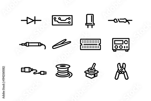 Electronic components and engineering tools icons including diode circuit board soldering iron breadboard and wire strippers