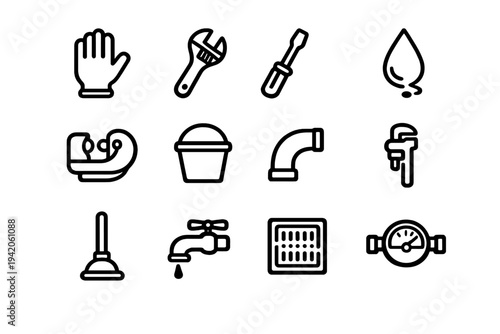 Plumbing and home maintenance icon set featuring wrench screwdriver plunger faucet and water meter on white background