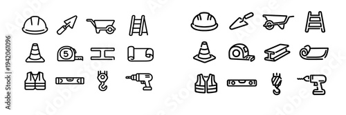 Construction and building tools icon set with hard hat trowel wheelbarrow ladder traffic cone tape measure safety vest and power drill