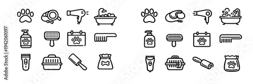 Pet grooming and care line icon set with paw print leash hair dryer bathtub shampoo brush calendar comb clipper carrier and food bag