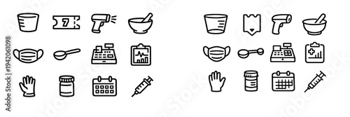 Pharmacy and medical healthcare line icon set featuring mortar pestle face mask syringe pill bottle thermometer and cash register