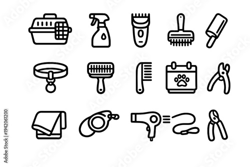 Pet grooming and care equipment icons featuring carrier brush comb collar leash nail clipper hair dryer and spray bottle on white background