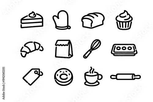 Collection of bakery and pastry line icons including bread cake cupcake croissant donut coffee and baking tools on white background