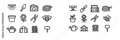 Set of minimalist garden icons including watering can greenhouse flower pot and pruning shears for landscaping and plant care