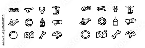 Set of minimalist black line icons for bicycle maintenance and cycling equipment including tools, helmet, and bike components