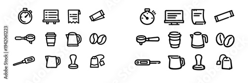 Coffee and tea preparation equipment icons including kettle coffee beans tamper portafilter and stopwatch on white background