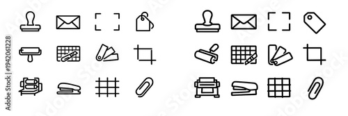 Set of minimalist black line icons for printing services and supplies featuring tools like stapler paperclip and paint roller