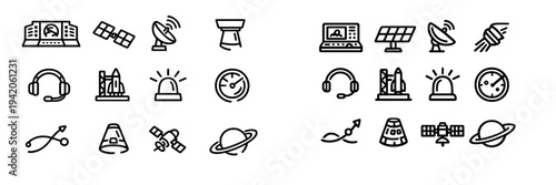 Space exploration and mission control technology icons featuring rocket launch satellite dish and planetary research equipment