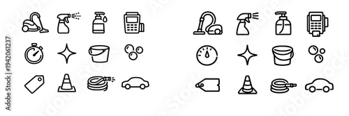 Car wash and cleaning service line icon set featuring vacuum cleaner spray bottle soap dispenser bucket hose and car symbols