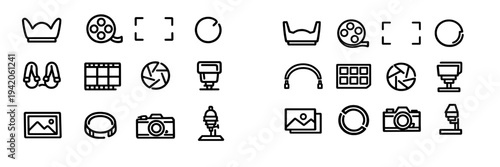 Photography and videography equipment line icon set featuring camera aperture film reel flash and lens accessories on white background