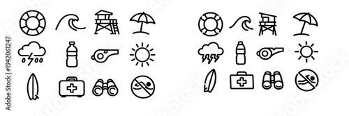 Beach safety and lifeguard equipment icons including lifebuoy wave tower umbrella storm water whistle sun surfboard first aid kit binoculars
