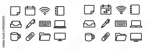 Minimalist black line and technology icons set including laptop calendar pen and folder on white background