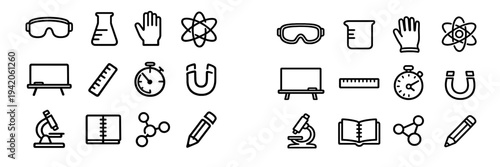 Science and education line icon set featuring laboratory equipment and school supplies on white background