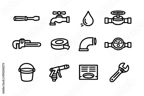 Plumbing and sanitary equipment icon set featuring tools like wrench faucet pipe valve and water meter for home repair services