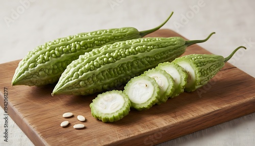 Freshly sliced bitter gourds displayed on a wooden cutting board.