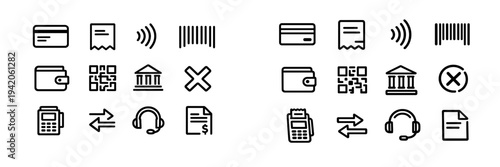 Set of banking and financial payment line icons including credit card wallet bank terminal and qr code for business commerce