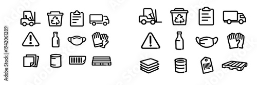 Logistics and recycling line icons featuring forklift delivery truck recycling bin safety mask gloves and warehouse equipment symbols