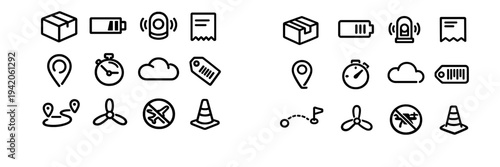 Logistics and delivery service icons featuring shipping box battery location pin stopwatch cloud price tag route propeller and traffic cone