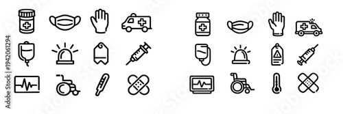 Medical and healthcare line icon set featuring ambulance syringe wheelchair and first aid equipment on white background