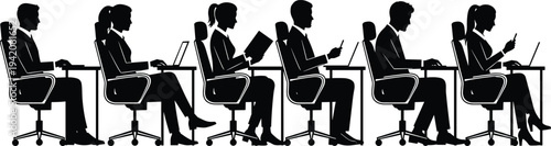 Office employees working at desk with laptop silhouettes, professional business people workplace scene corporate teamwork vector illustration isolated